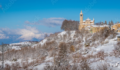 Panoramic sight of the small village of Gioia Vecchio during winter, near Pescasseroli, in Abruzzo National Park. Italy.