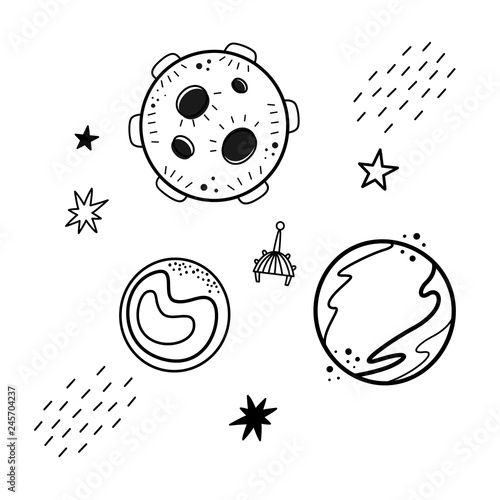 Vector illustration of a planet, a satellite of a star. Doodle style. Monochrome