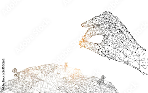 Hand with pin on the global map  from lines, triangles and particle style design. Illustration vector