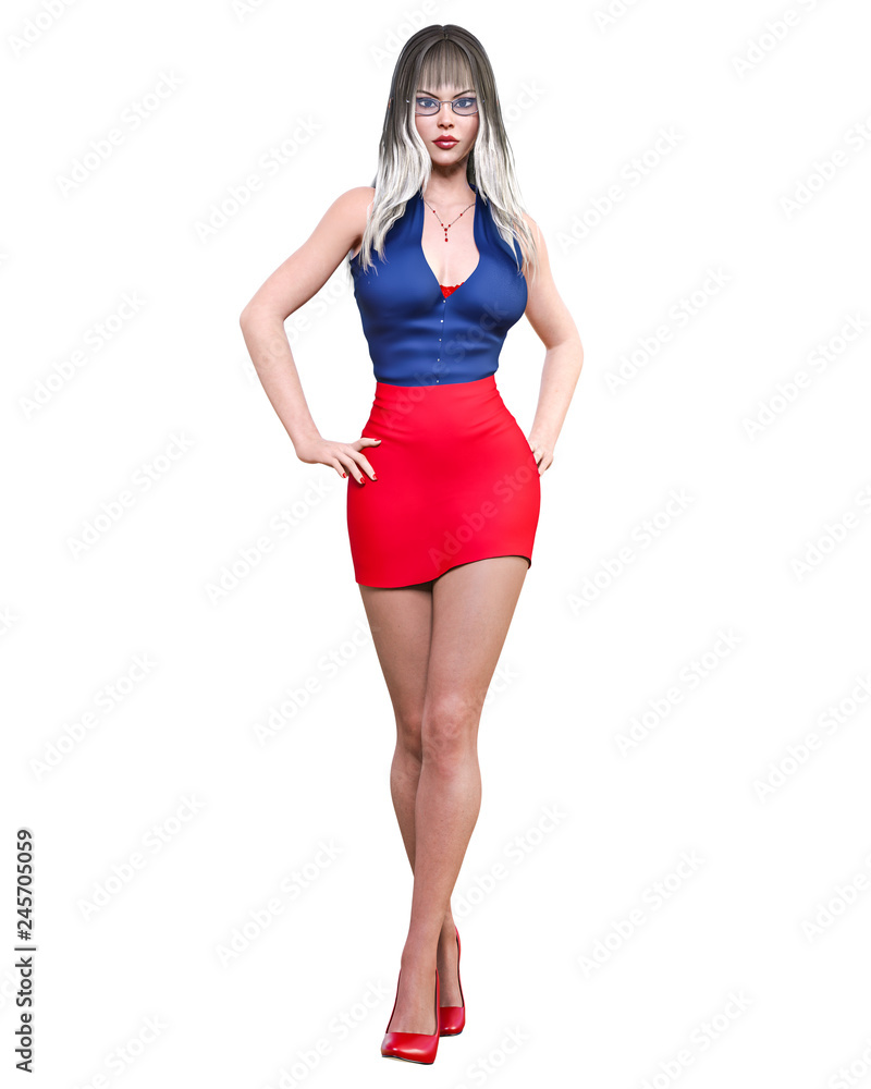 Long-haired sexy brunette secretary black dark pantyhose red shot skirt.Beautiful office girl with glasses standing sexually explicit pose.Realistic 3D rendering isolate illustration. Long-haired sexy brunette secretary black dark pantyhose red shot skirt.Beautiful office girl with glasses standing sexually explicit pose.Realistic 3D rendering isolate illustration.