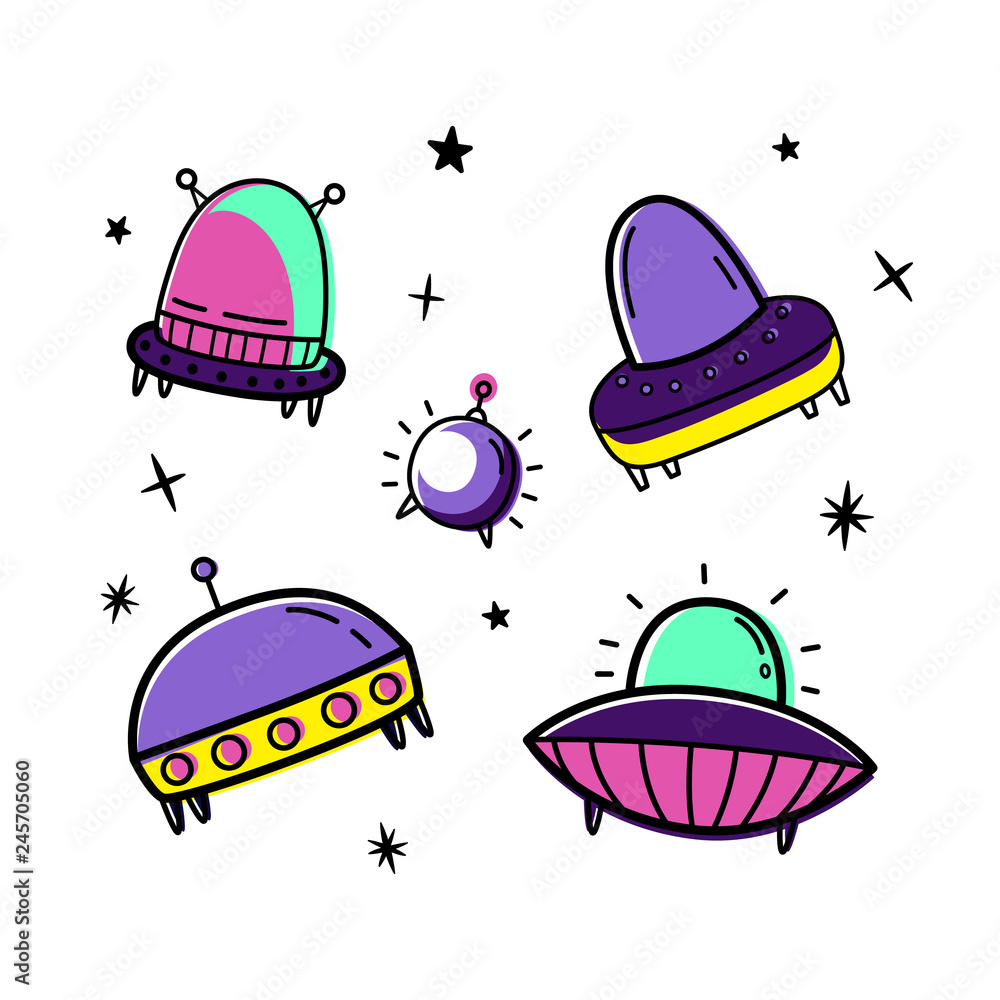 Fototapeta premium Vector set with space ships. Doodle style. Colored isolates. 5 objects and stars
