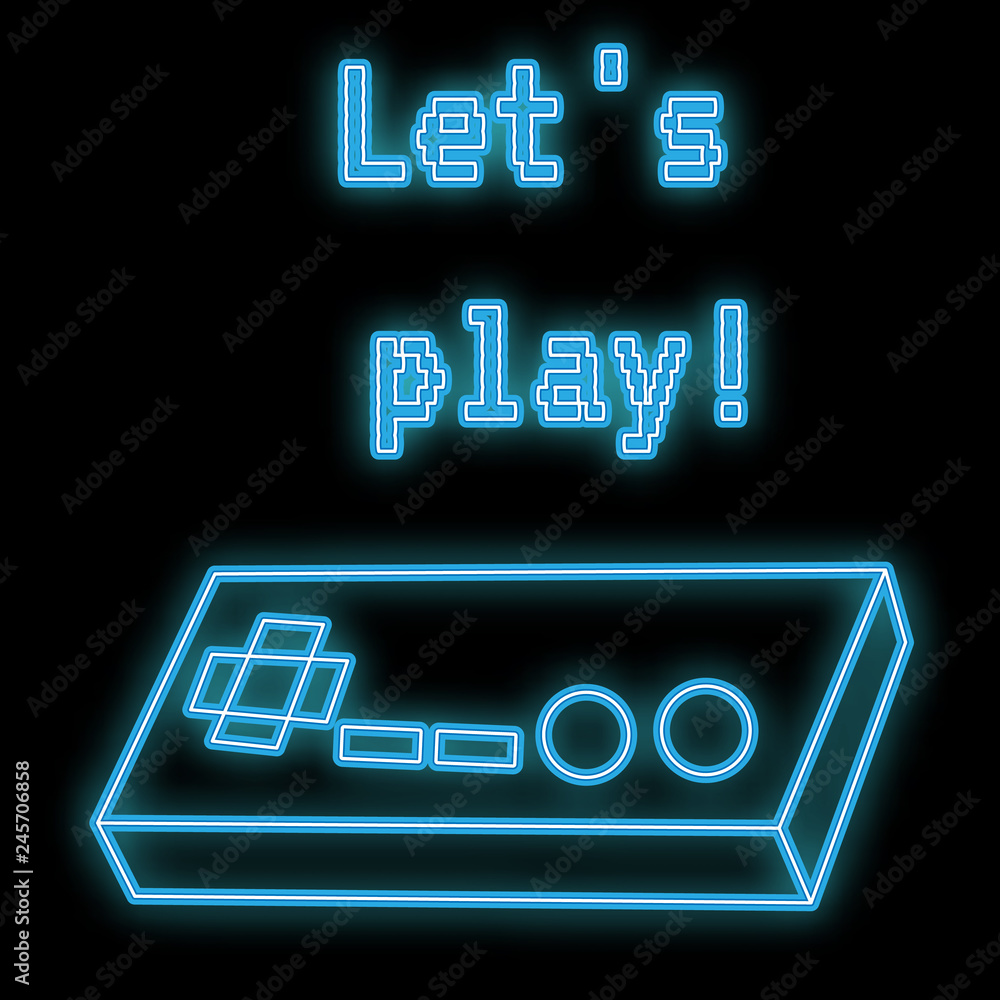 Beautiful abstract neon bright glowing icon, a signboard from an old retro joystick for video games consoles with buttons and copy space on a black background. Vector illustration Beautiful abstract neon bright glowing icon, a signboard from an old retro joystick for video games consoles with buttons and copy space on a black background. Vector illustration