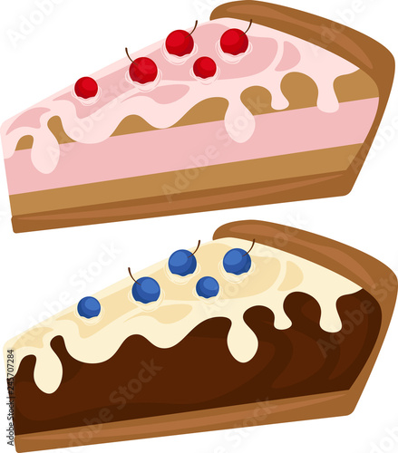 Sweet cake with cherry. Vector icon of sweet cake with jelly and souffle layers and raspberry jam. Set of cakes.