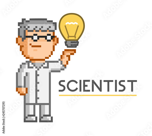 Vector pixel art scientist on white background