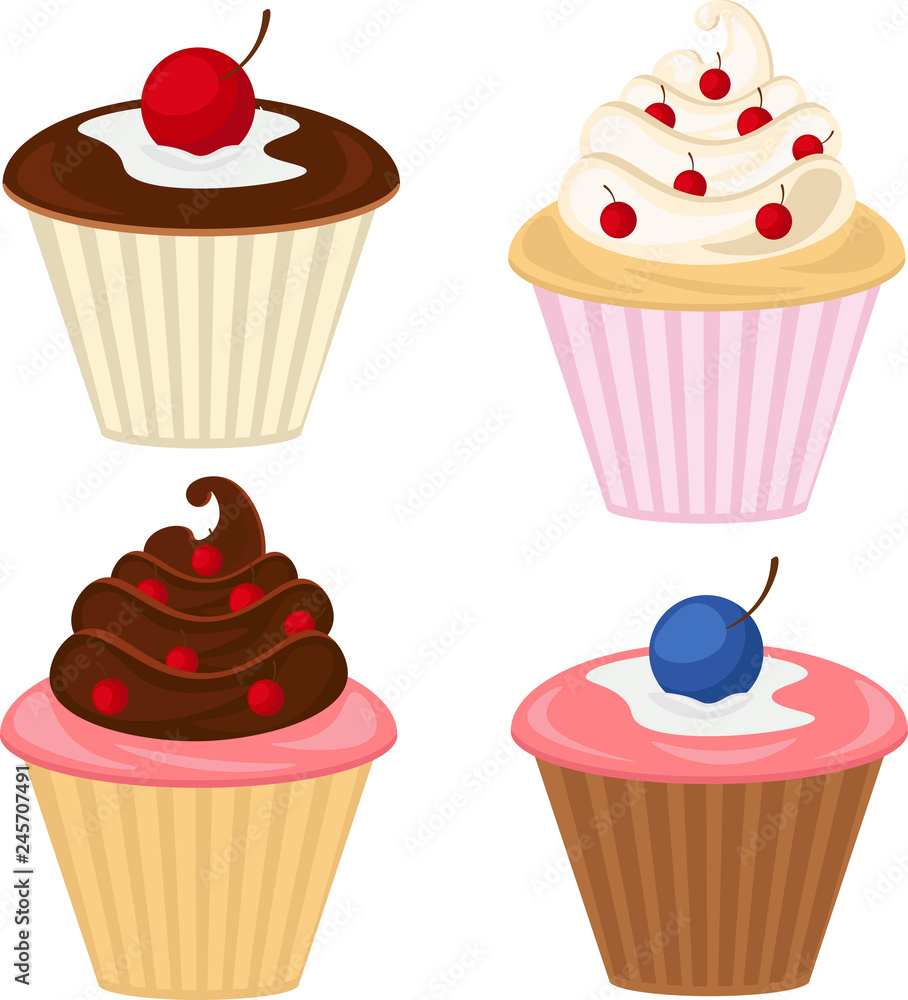 Sweet cake with cherry. Vector icon of sweet cake with jelly and souffle layers and raspberry jam. Set of cakes. Sweet cake with cherry. Vector icon of sweet cake with jelly and souffle layers and raspberry jam. Set of cakes.