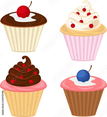 Sweet cake with cherry. Vector icon of sweet cake with jelly and souffle layers and raspberry jam. Set of cakes.