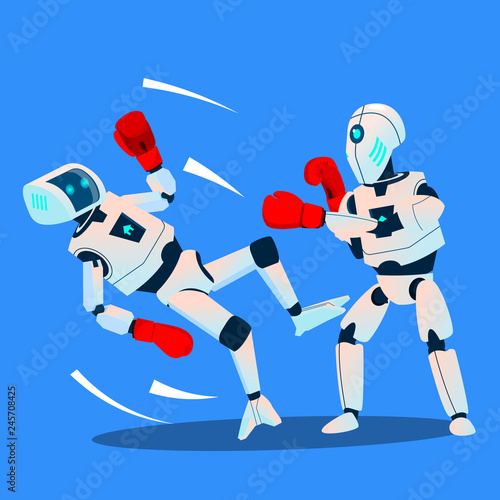 Two Robots Boxing On Ring Vector. Isolated Illustration