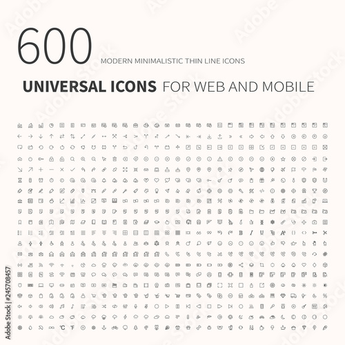 600 simple outline flat icons. Set of universal icons for website and mobile. Flat vector illustration