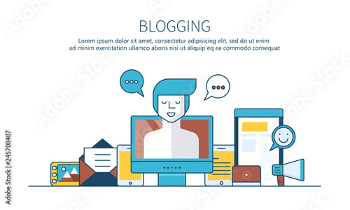 Writing a story or column for newspaper or magazine. Blogging outline concept. Flat vector illustration