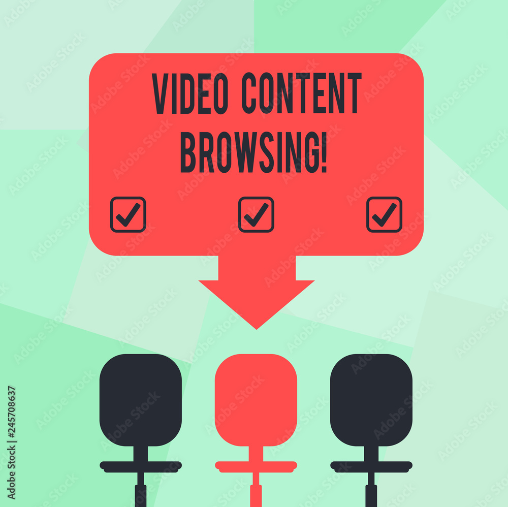 Conceptual hand writing showing Video Content Browsing. Business photo text skimming through video content in order to satisfy Space Color Arrow Pointing to One of the Three Swivel Chairs