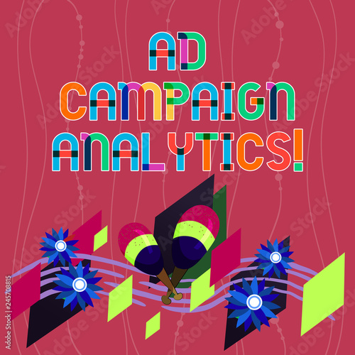 Handwriting text writing Ad Campaign Analytics. Concept meaning monitor campaigns and their respective outcomes Colorful Instrument Maracas Handmade Flowers and Curved Musical Staff