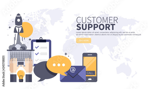 Business customer care service concept. Flat website banner for contact us, support, help, phone call and website click. Flat vector