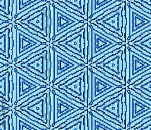 Seamless triangular pattern from blue geometrical abstract ornaments on a light background. Vector illustration. Suitable for fabric, wallpaper and wrapping paper