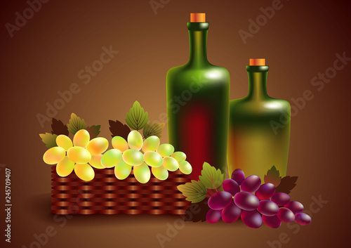 red and white wine in bottles and grapes in a busket