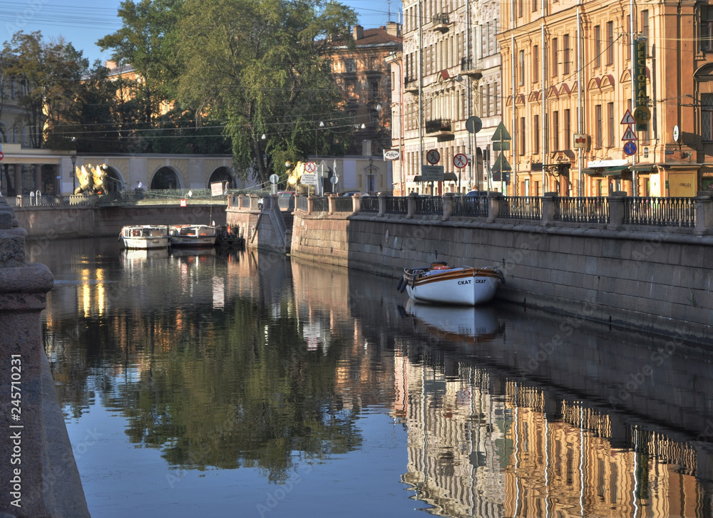 Early morning on Griboyedov Canal, on a background Bankovsky Bridge.St. Petersburg, Russia.