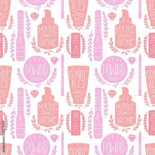 Beauty cosmetic makeup seamless pattern hand draw. Label Hand made production.