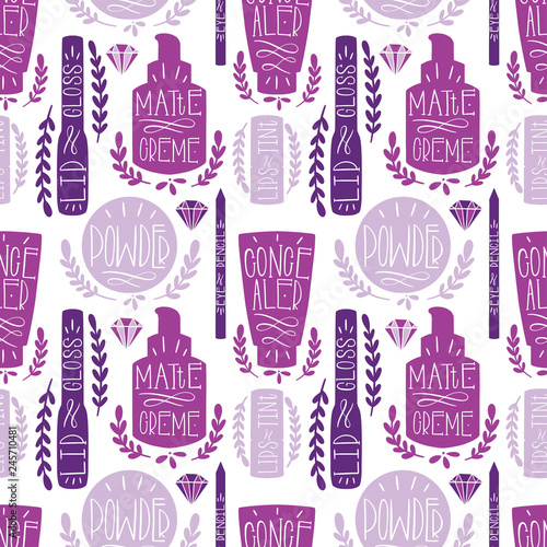 Beauty cosmetic makeup seamless pattern hand draw. Label Hand made production. photo