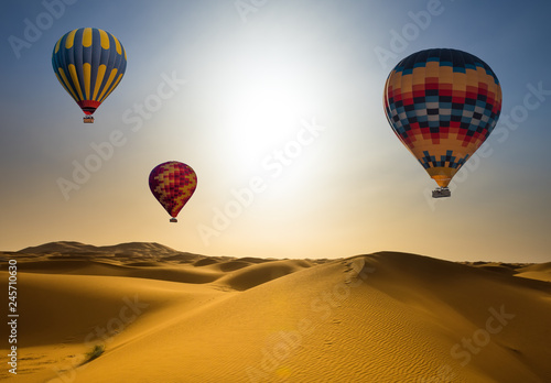 Desert and hot air balloon Landscape at Sunrise.