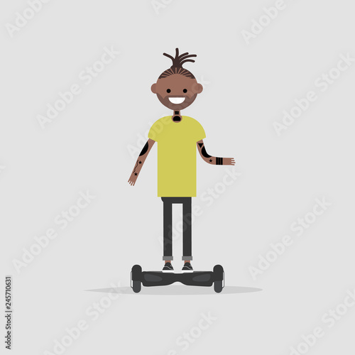 young character riding on hoverboard. Vector flat cartoon illustration