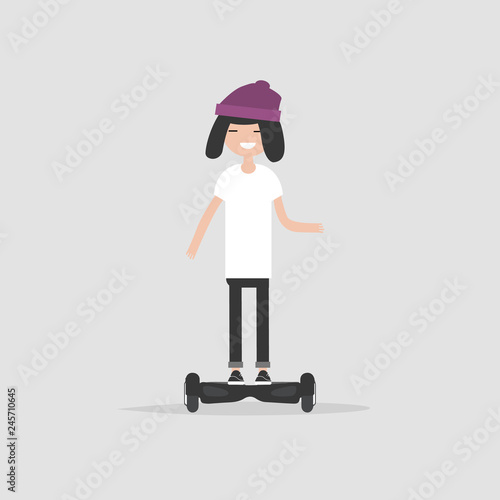 young character riding on hoverboard. Vector flat cartoon illustration