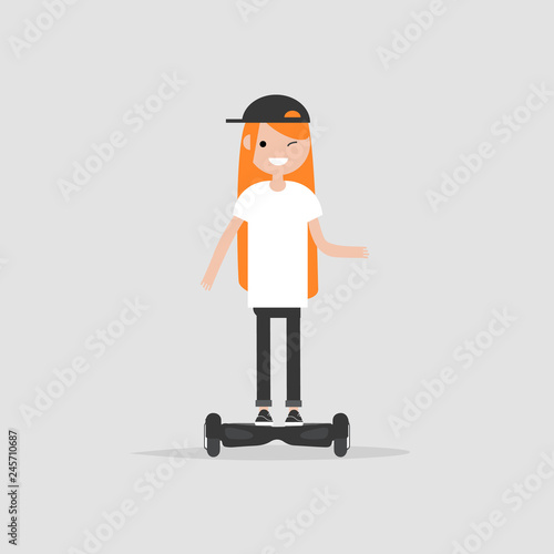 young character riding on hoverboard. Vector flat cartoon illustration