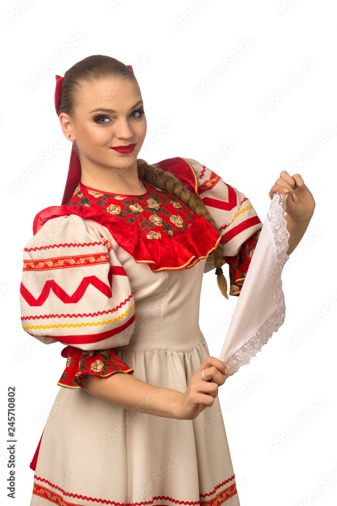 Beautiful smiling caucasian girl in russian folk costume isolated on white Beautiful smiling caucasian girl in russian folk costume isolated on white