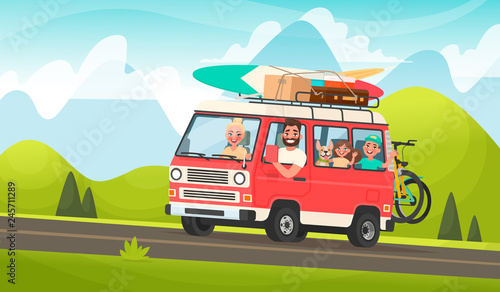 Happy family road trip. Mom, Dad, children and a dog traveling on a tourist minivan