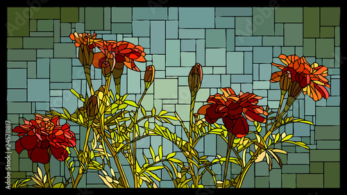 Vector stained glass window with blooming red marigolds.
