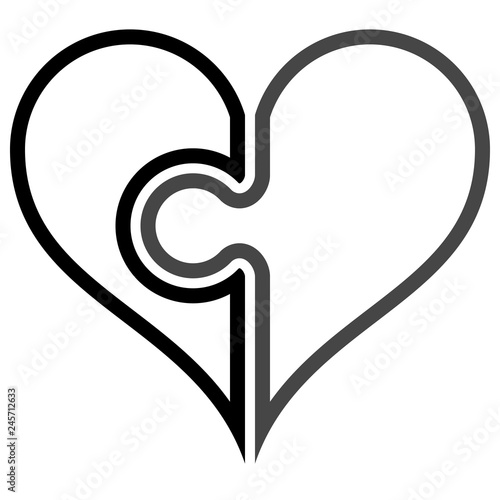 Heart puzzle symbol icon - black simple outlined, isolated - vector