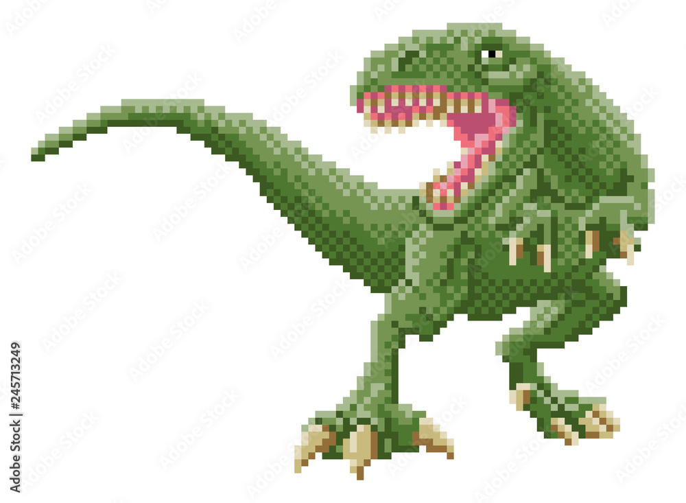 A dinosaur trex 8 bit pixel art video arcade game cartoon character