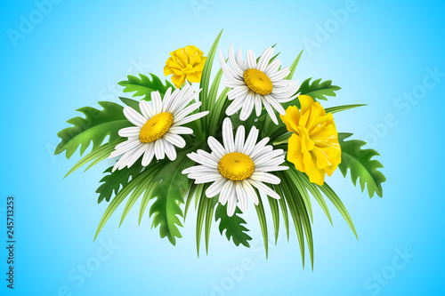 Vector 3d yellow diasy cornflower elegant bouquet