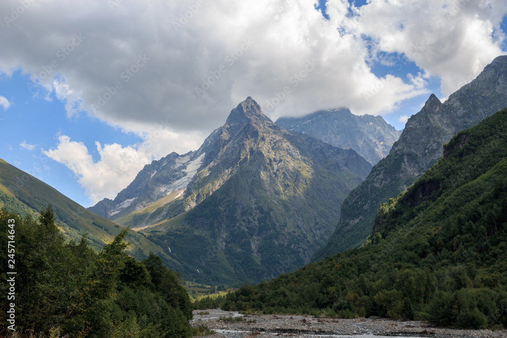 Closeup view mountains and river scenes in national park of Caucasus, Russia