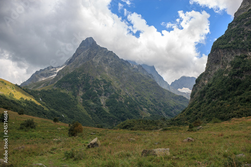 Closeup view mountains scenes in national park Dombai, Caucasus, Russia, Europe