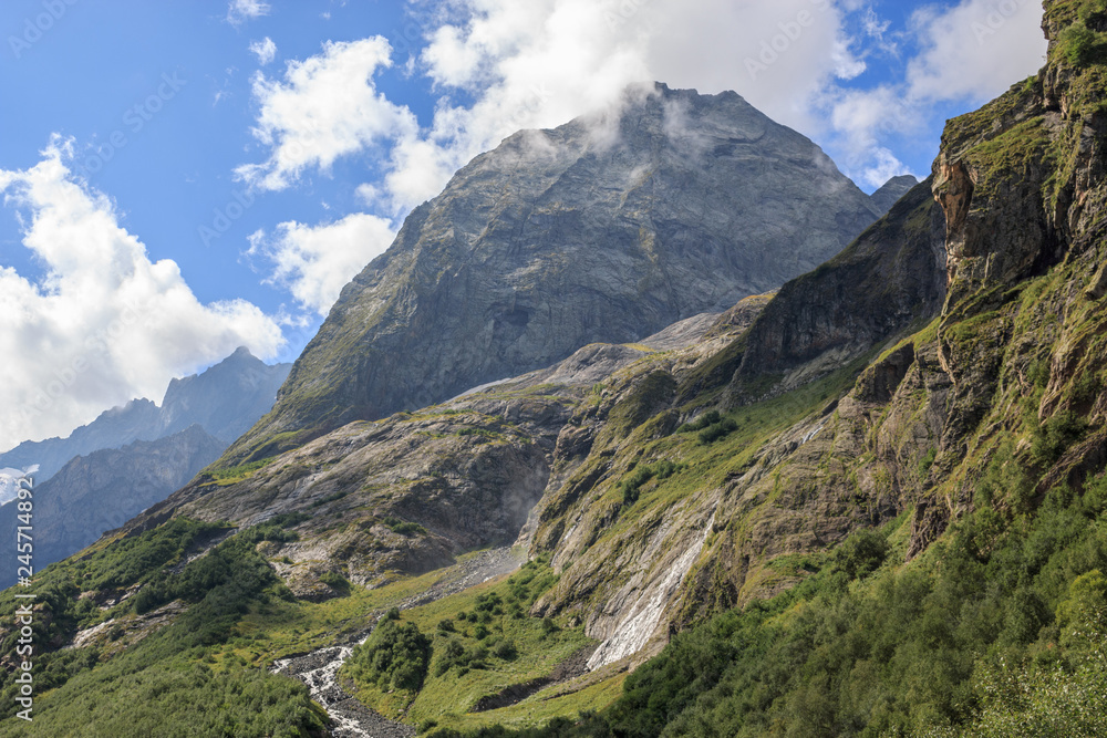 Closeup view mountains scenes in national park Dombai, Caucasus, Russia