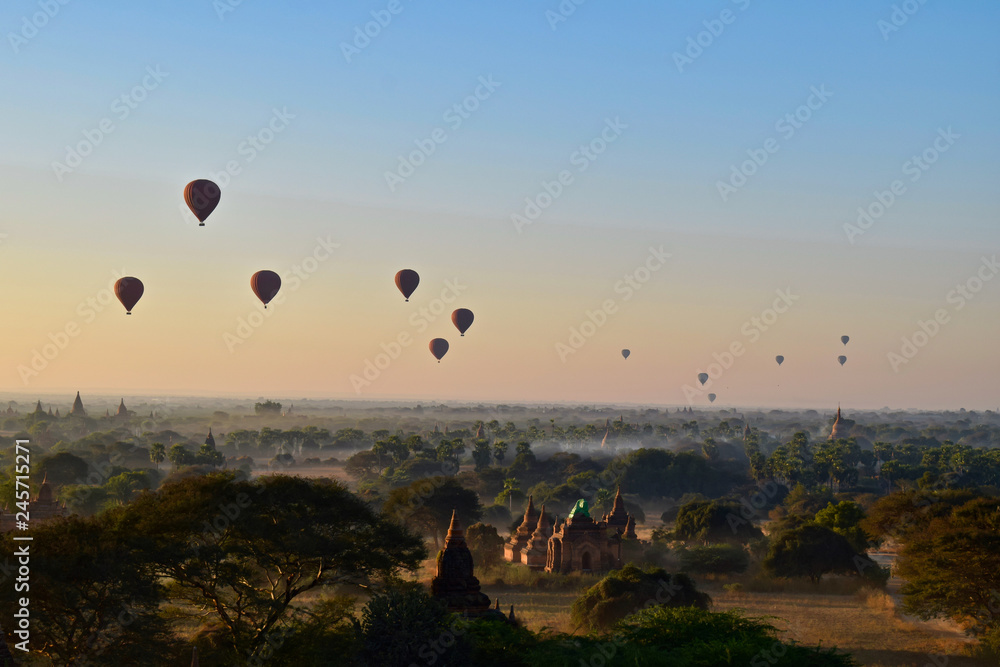 Hot air balloons at dawn over Bagan, Myanmar