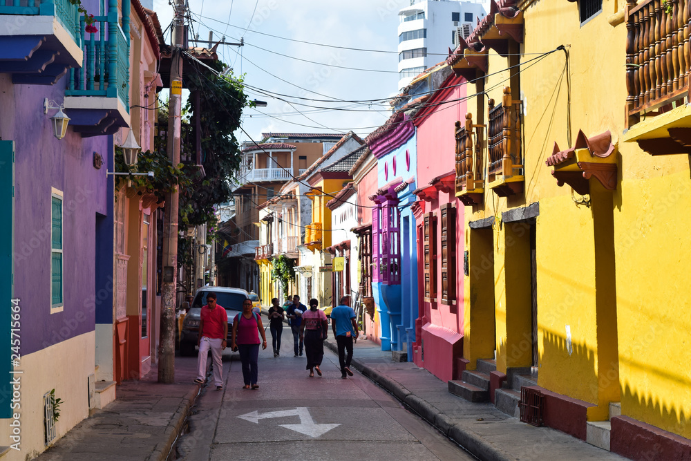 Colourful street scene in Cartegena, Colombia