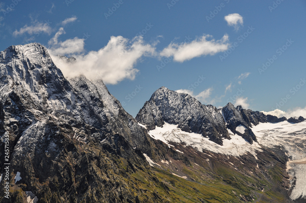 Fototapeta premium Closeup mountains scenes in national park Dombai, Caucasus, Russia