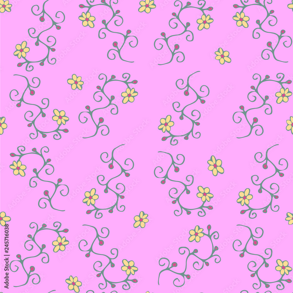 Plants and flowers. Seamless pattern. Hand drawing. Green plants with yellow flowers and red berries on pink background. Raster for textiles, clothes, dishes, packaging.
