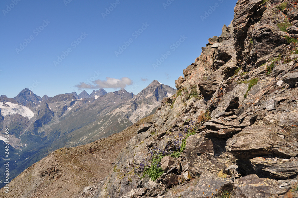 Fototapeta premium Closeup mountains scenes in national park Dombai, Caucasus, Russia