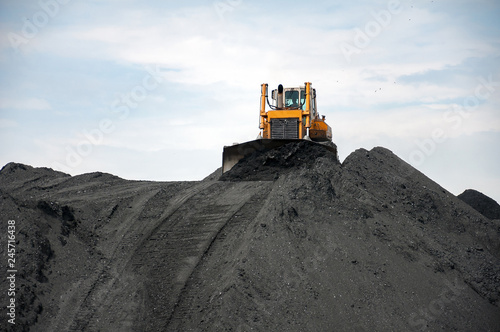 Wallpaper Mural caterpillar tractor and travelling crane load black coal on supply field of thermoelectric power station Torontodigital.ca