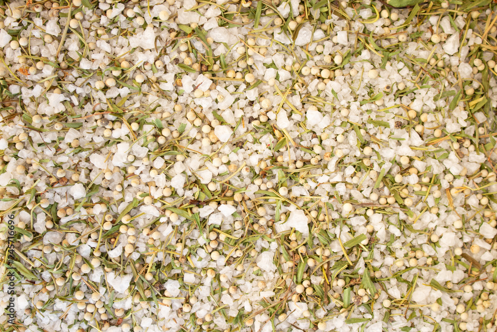 Texture of spices mix and sea salt close-up, spice or seasoning as background. Terragon, Sea salt, White pepper, Pepper flakes, thyme, Oregano. Texture of spices mix and sea salt close-up, spice or seasoning as background. Terragon, Sea salt, White pepper, Pepper flakes, thyme, Oregano.