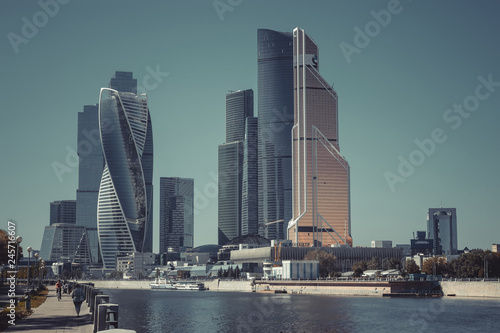 Closeup panorama of international business Russian Center in Moscow city