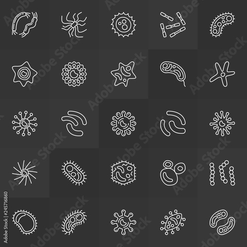 Microbes and bacterias vector icons set or design elements in outline style on dark background