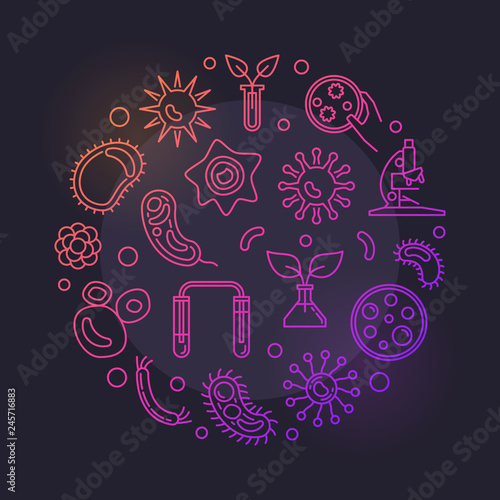 Microbiology round vector bright illustration made with microscope, microbes and viruses linear concept icons on dark background