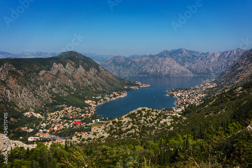 Panorama of mountains and Kotor Bay, largest bay of the Adriatic Sea from Lovcen mountain, Montenegro
