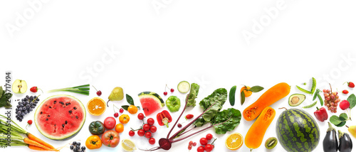 Banner from various vegetables and fruits isolated on white background, top view, creative flat layout. Concept of healthy eating, food background. 