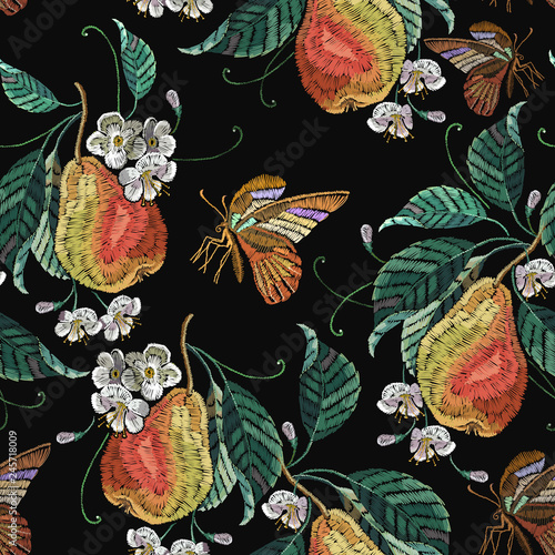 Embroidery pear fruits leaves and butterfly seamless pattern. Botanical illustration. Fashion template for clothes, textiles and t-shirt design