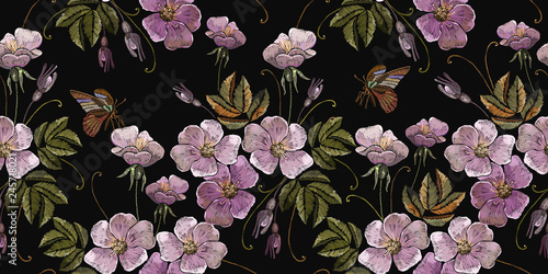 Embroidery wild pink flowers and butterfly seamless pattern. Fashion template for clothes, textiles and t-shirt design