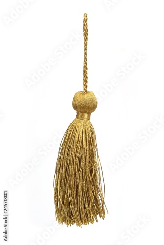 Golden silk tassel isolated on white background for creating graphic concepts © Elena
