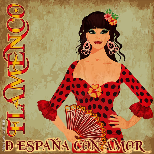 Flamenco Spain love card with spanish girl and fan, vector illustration